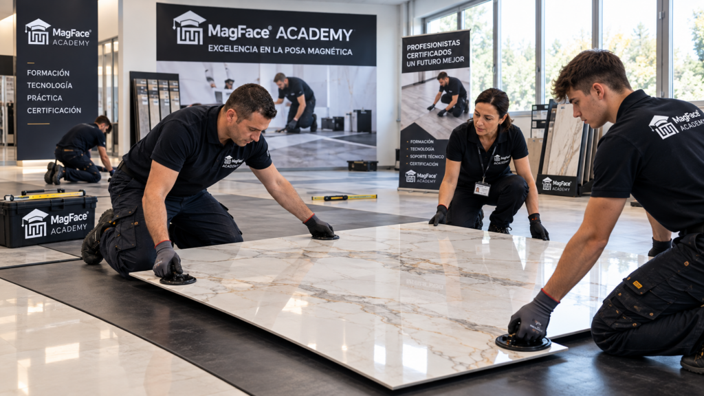 MagFace Academy – dimostrazione live della posa magnetica a secco MagFace® su lastre ceramiche di grande formato